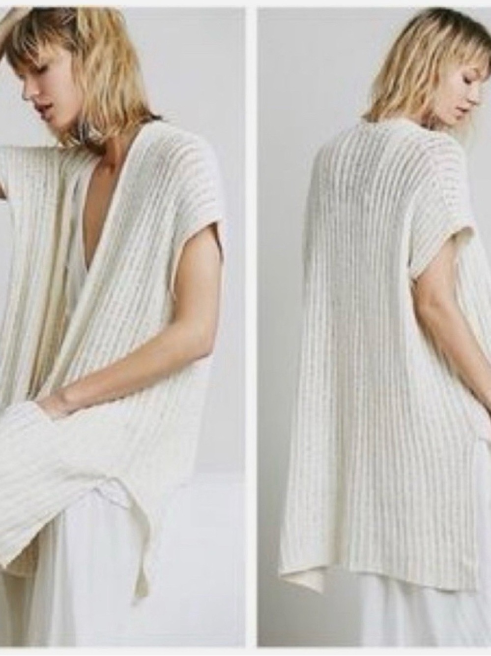 Free People Sloppy Pocket Duster Cardigan Sz M Knit Open Front Ivory Cream Boho